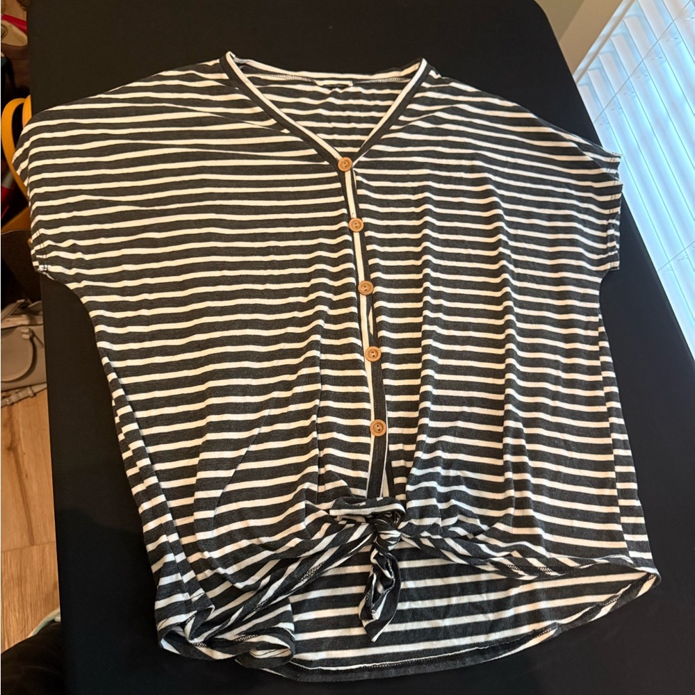 Striped Black and White Button-Down Women's Top